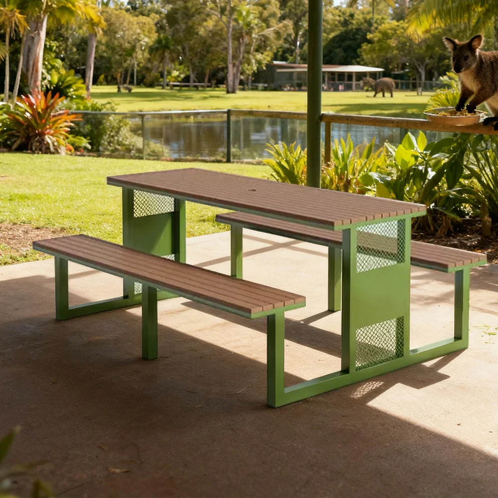 SOLARA Outdoor Table & Chair Set 120/160/200cm High-Temp Coated Steel Frame Strong Load-Bearing Waterproof Plastic-Wood Smooth Finish - Green - Image 14