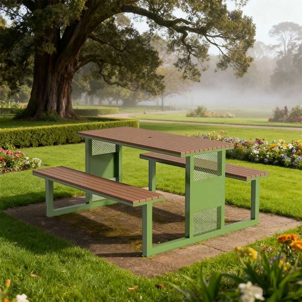 SOLARA Outdoor Table & Chair Set 120/160/200cm High-Temp Coated Steel Frame Strong Load-Bearing Waterproof Plastic-Wood Smooth Finish - Green - Image 4