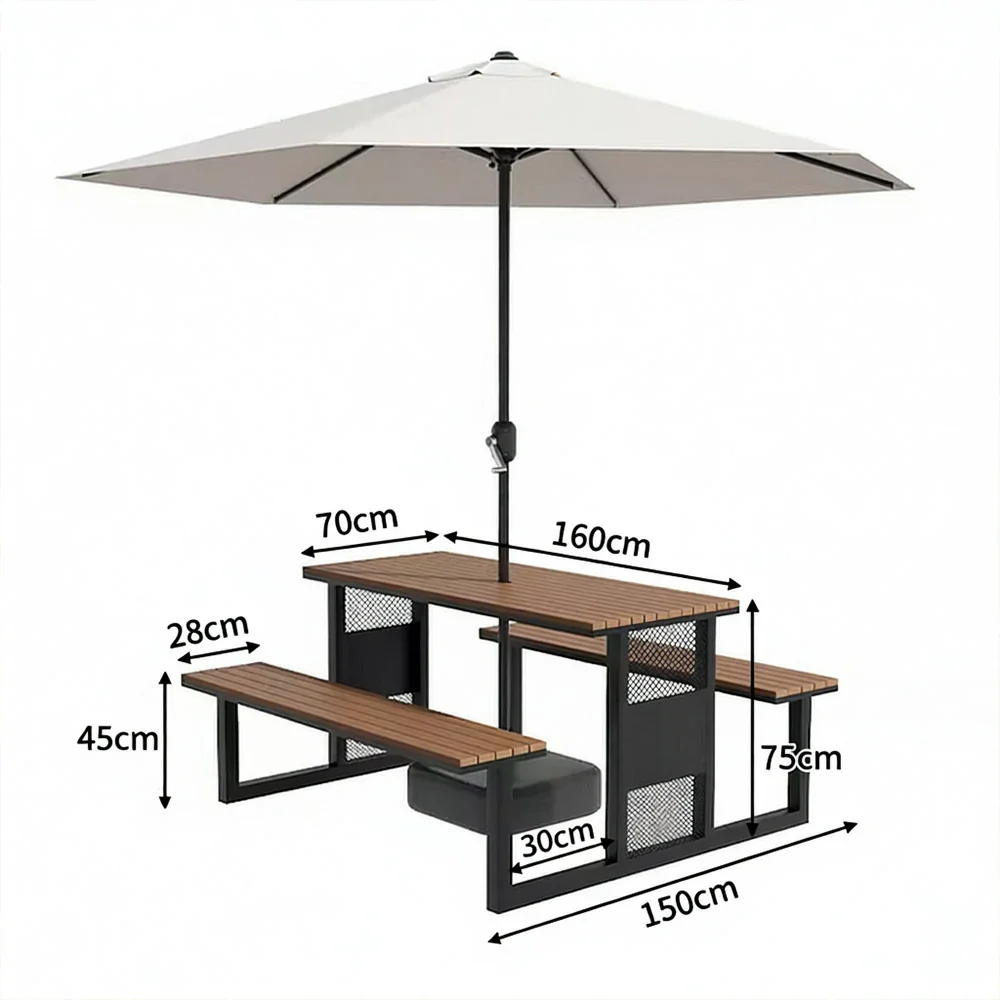 SOLARA Outdoor Table, Chair & Umbrella Set 120/160/200cm High-Temp Coated Steel Frame Strong Load-Bearing Waterproof Plastic-Wood Smooth Finish - Black - Image 10