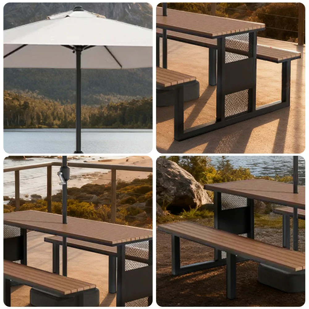 SOLARA Outdoor Table, Chair & Umbrella Set 120/160/200cm High-Temp Coated Steel Frame Strong Load-Bearing Waterproof Plastic-Wood Smooth Finish - Black - Image 13