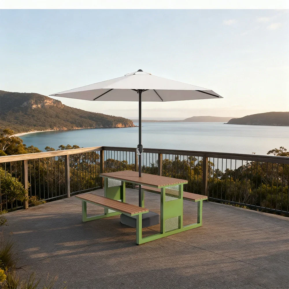 SOLARA Outdoor Table, Chair & Umbrella Set 120/160/200cm High-Temp Coated Steel Frame Strong Load-Bearing Waterproof Plastic-Wood Smooth Finish - Green - Image 4