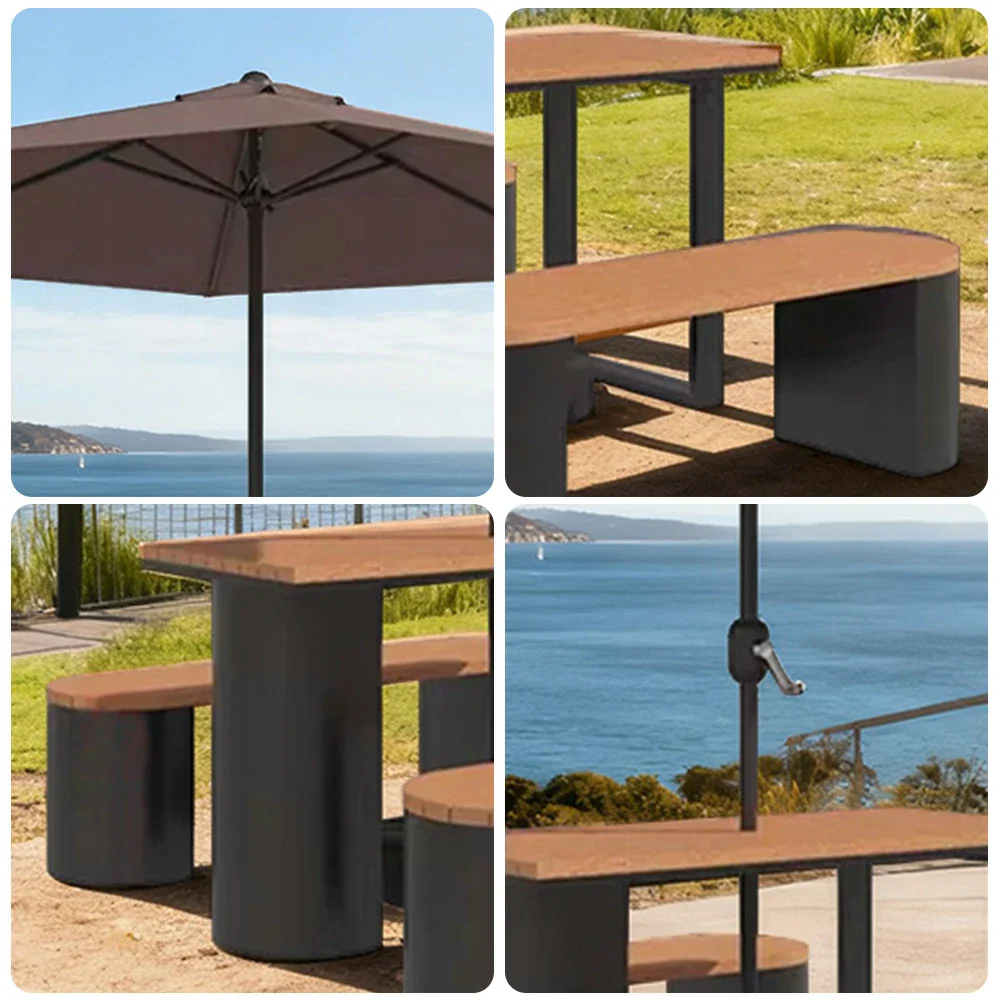 SOLARA Outdoor Table, Chair & Umbrella Set 120/140/160cm Anti-Corrosion Durable Steel Support Thick Plastic-Wood Surface Waterproof Sun-Resistant Design - Black - Image 3