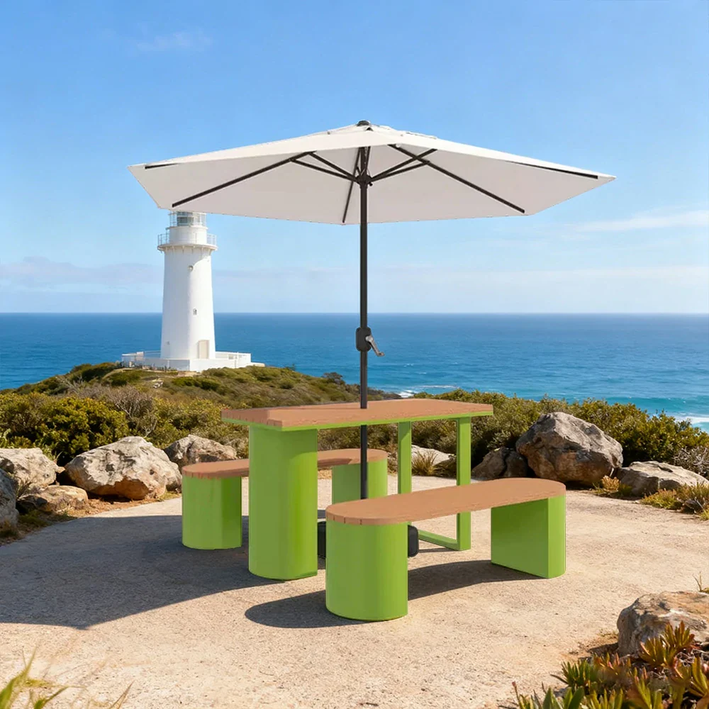 SOLARA Outdoor Table, Chair & Umbrella Set 120/140/160cm Anti-Corrosion Durable Steel Support Thick Plastic-Wood Surface Waterproof Sun-Resistant Design - Green - Image 2