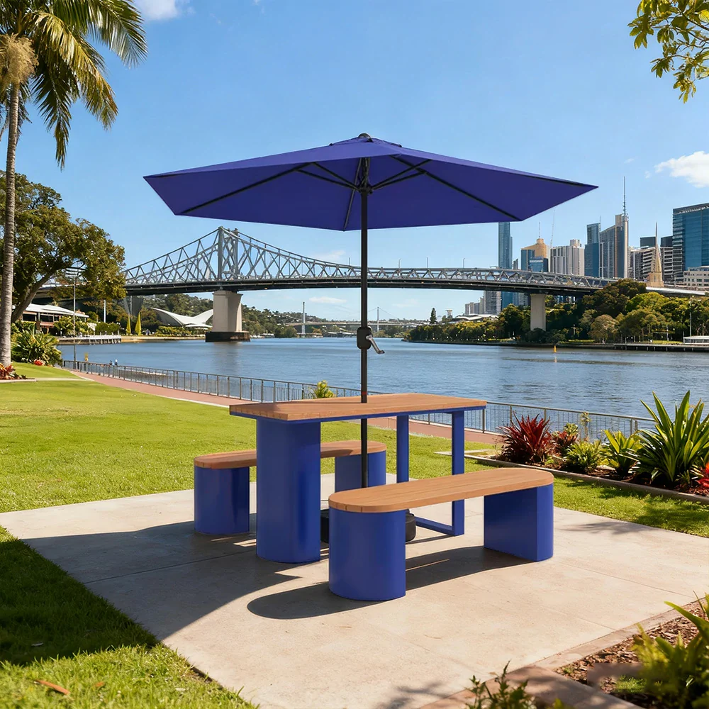 SOLARA Outdoor Table, Chair & Umbrella Set 120/140/160cm Anti-Corrosion Durable Steel Support Thick Plastic-Wood Surface Waterproof Sun-Resistant Design - Blue - Image 2