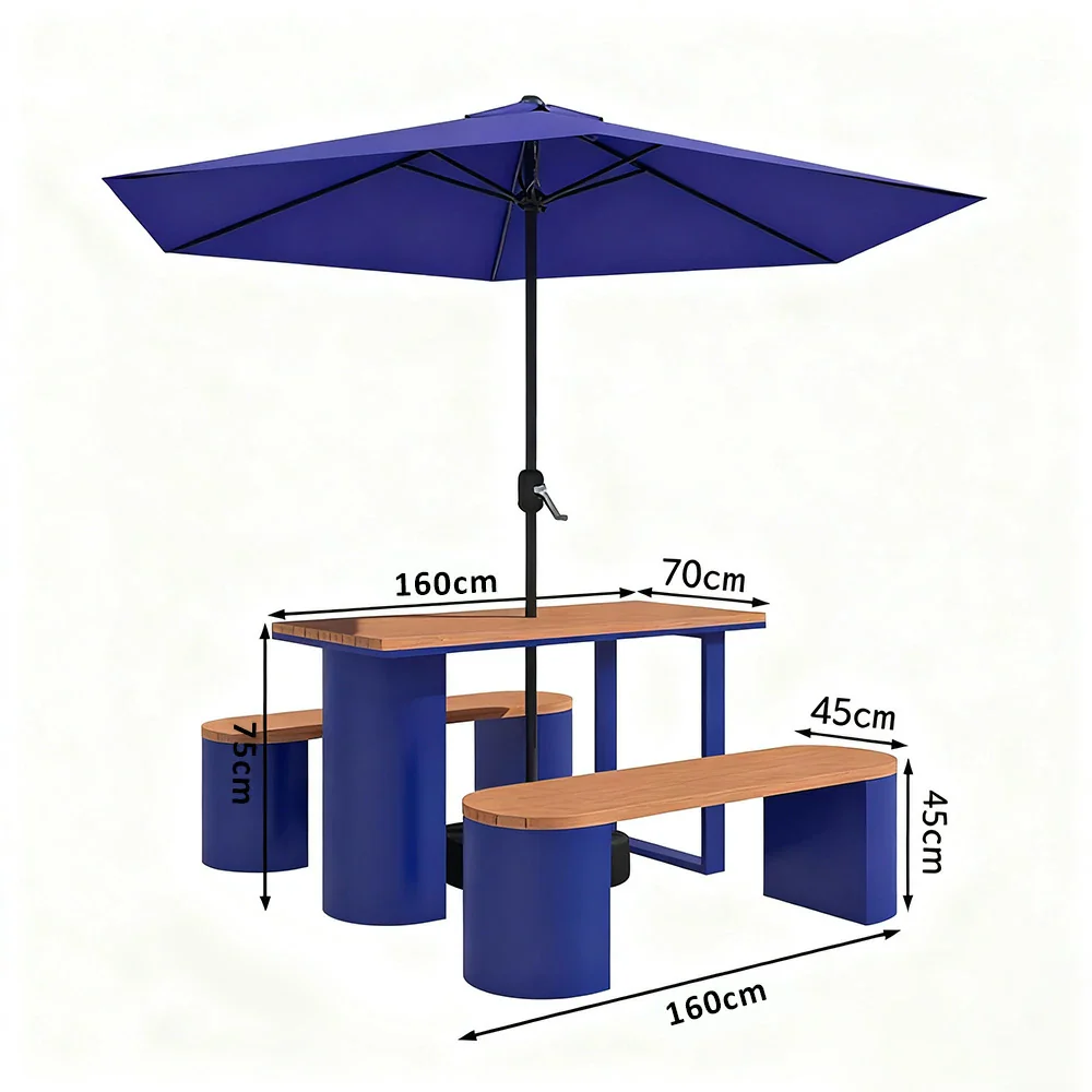SOLARA Outdoor Table, Chair & Umbrella Set 120/140/160cm Anti-Corrosion Durable Steel Support Thick Plastic-Wood Surface Waterproof Sun-Resistant Design - Blue - Image 7