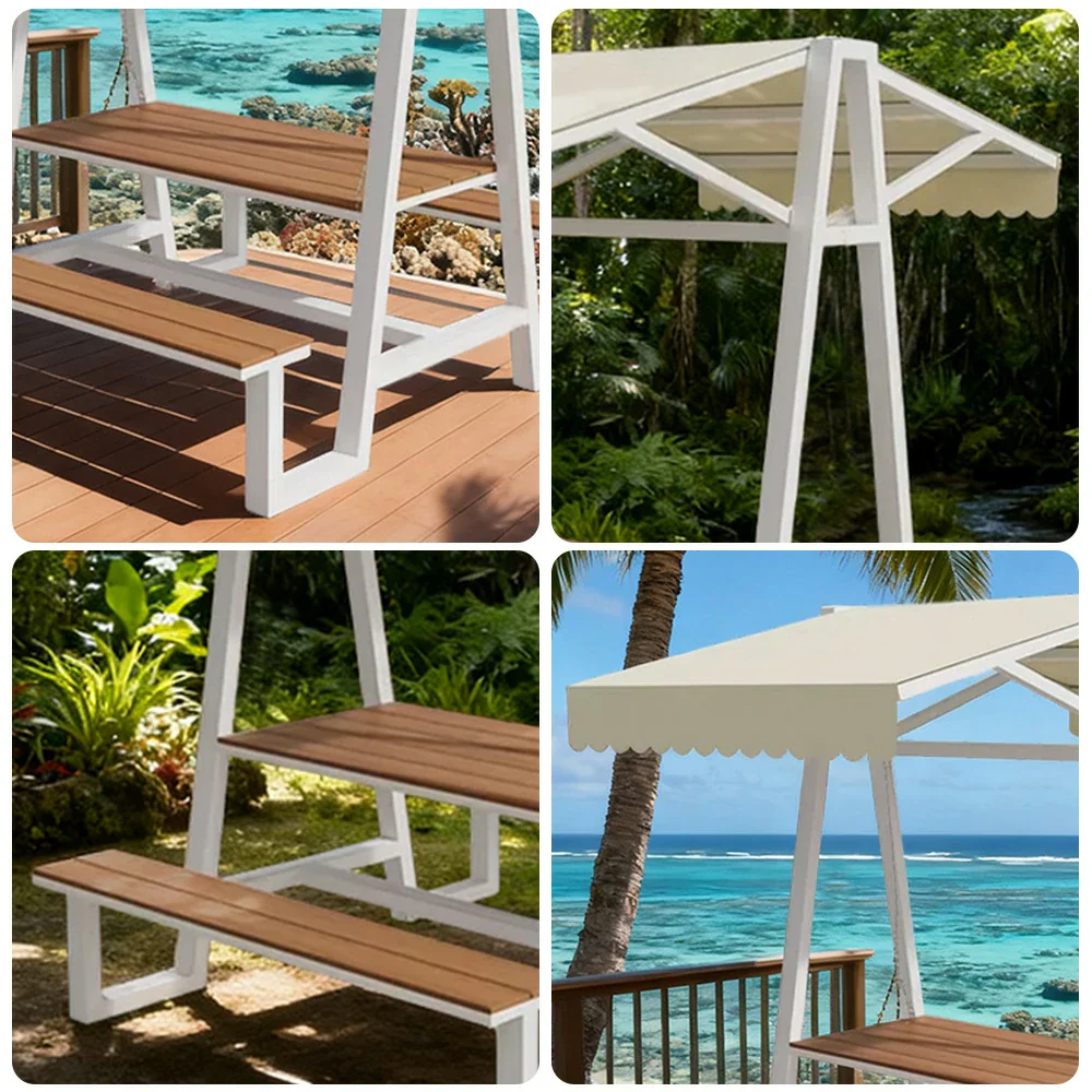 SOLARA Outdoor Canopy Table Set 120/160/200cm Waterproof Sunproof Thick Canopy Metal Frame High-Temp Coated Anti-Rust Stability - White&Beige - Image 3