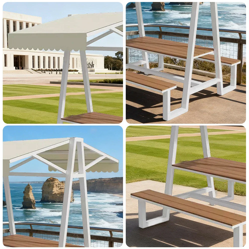 SOLARA Outdoor Canopy Table Set 120/160/200cm Waterproof Sunproof Thick Canopy Metal Frame High-Temp Coated Anti-Rust Stability - White&Beige - Image 8