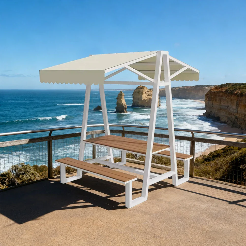 SOLARA Outdoor Canopy Table Set 120/160/200cm Waterproof Sunproof Thick Canopy Metal Frame High-Temp Coated Anti-Rust Stability - White&Beige - Image 9