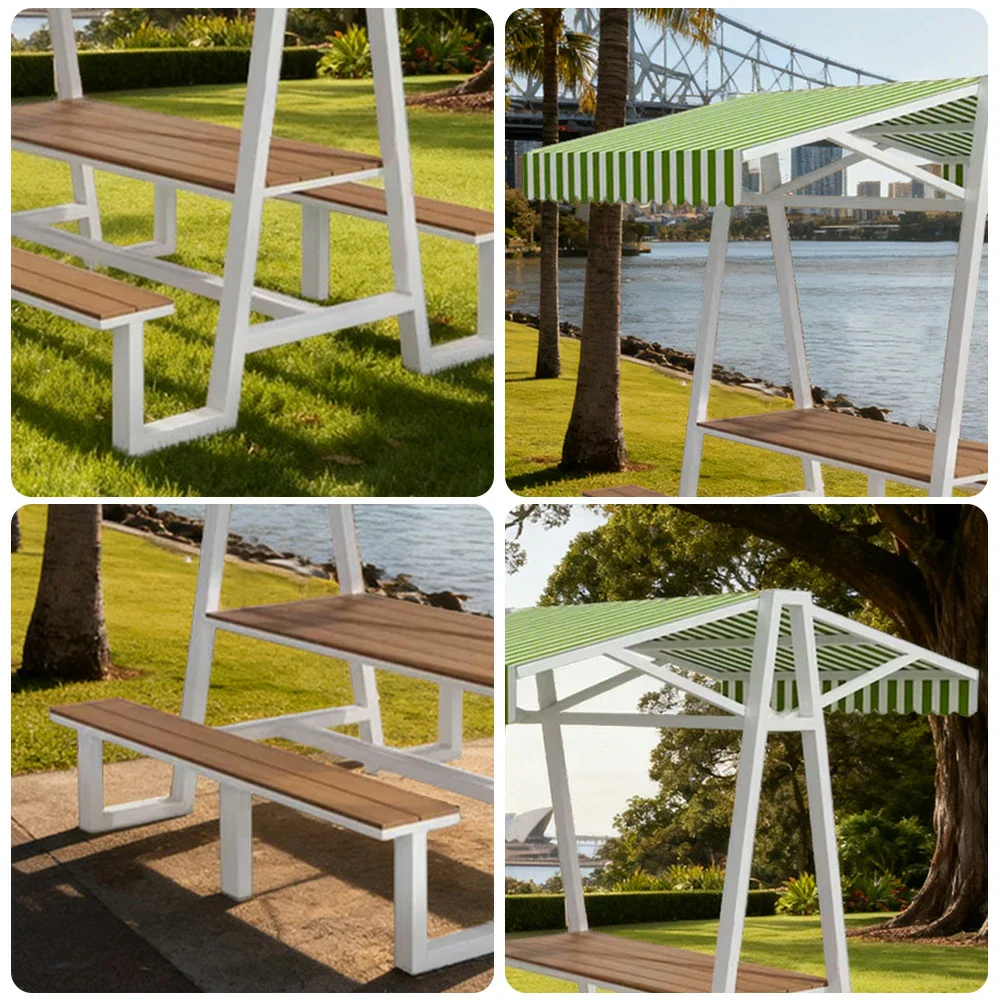 SOLARA Outdoor Canopy Table Set 120/160/200cm Waterproof Sunproof Thick Canopy Metal Frame High-Temp Coated Anti-Rust Stability - White&Green - Image 13