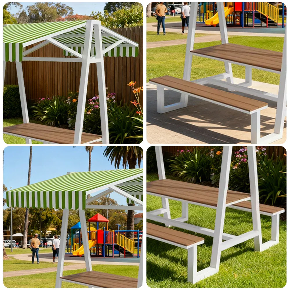 SOLARA Outdoor Canopy Table Set 120/160/200cm Waterproof Sunproof Thick Canopy Metal Frame High-Temp Coated Anti-Rust Stability - White&Green - Image 3