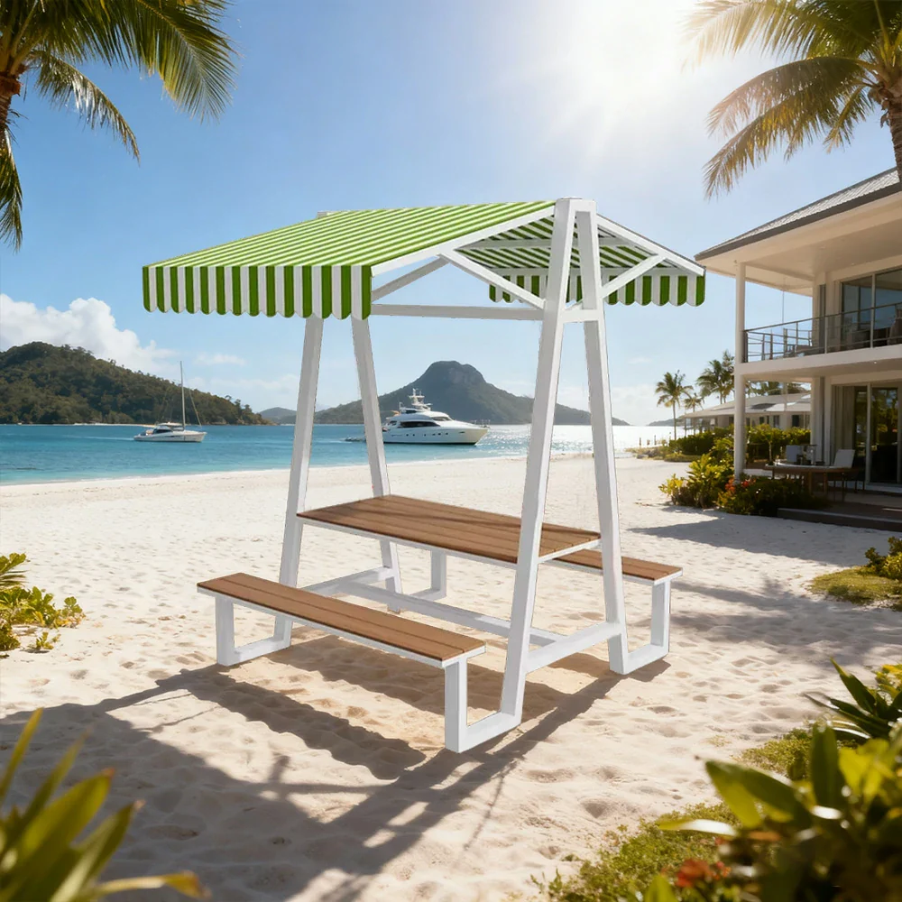 SOLARA Outdoor Canopy Table Set 120/160/200cm Waterproof Sunproof Thick Canopy Metal Frame High-Temp Coated Anti-Rust Stability - White&Green - Image 7