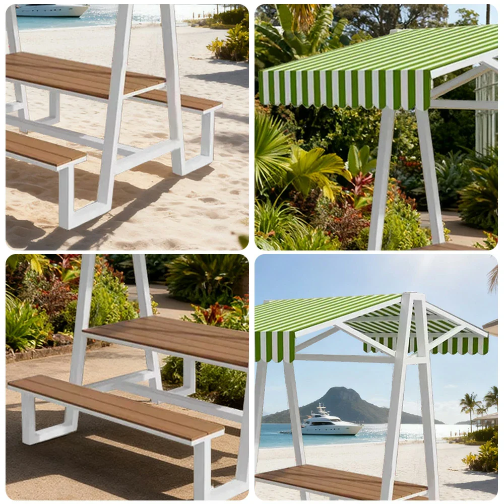 SOLARA Outdoor Canopy Table Set 120/160/200cm Waterproof Sunproof Thick Canopy Metal Frame High-Temp Coated Anti-Rust Stability - White&Green - Image 8