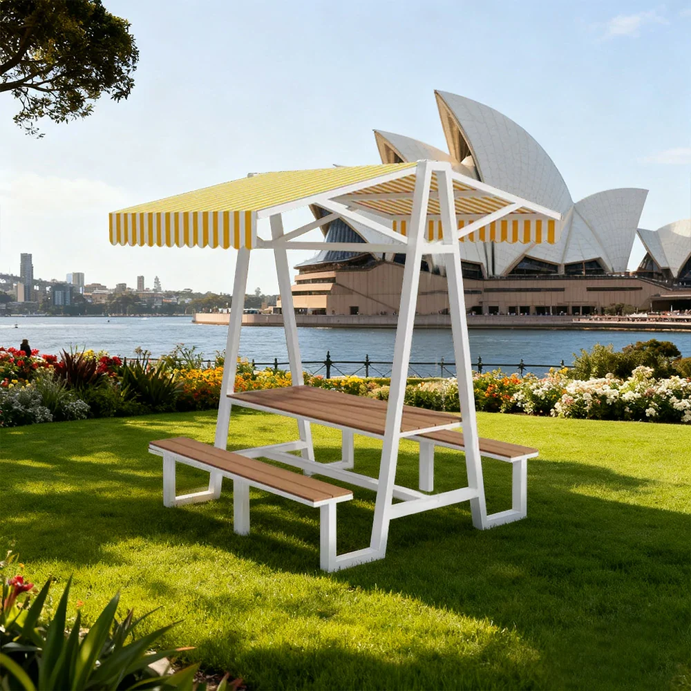 SOLARA Outdoor Canopy Table Set 120/160/200cm Waterproof Sunproof Thick Canopy Metal Frame High-Temp Coated Anti-Rust Stability - White&Yellow - Image 14