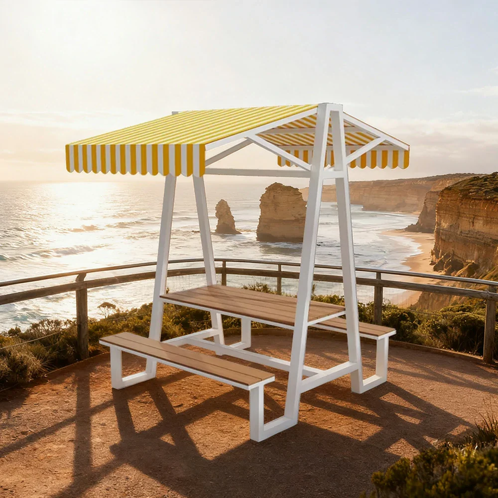SOLARA Outdoor Canopy Table Set 120/160/200cm Waterproof Sunproof Thick Canopy Metal Frame High-Temp Coated Anti-Rust Stability - White&Yellow - Image 2