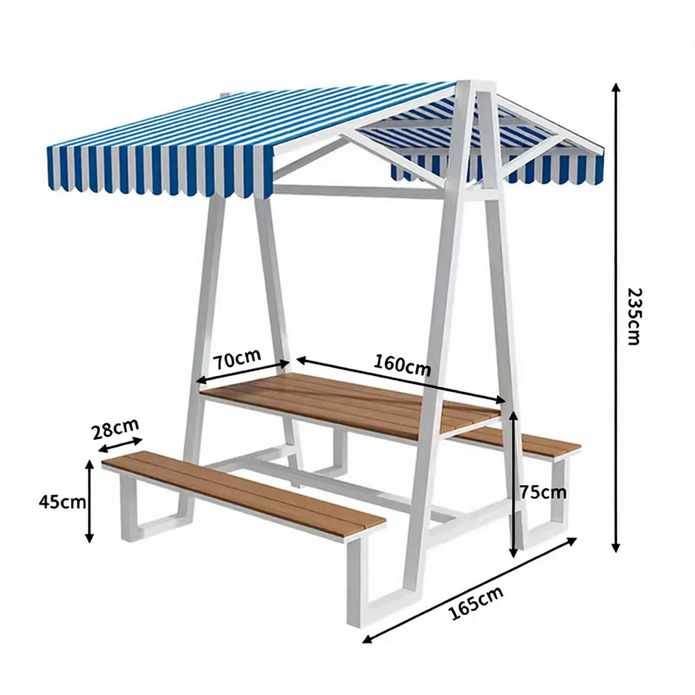 SOLARA Outdoor Canopy Table Set 120/160/200cm Waterproof Sunproof Thick Canopy Metal Frame High-Temp Coated Anti-Rust Stability - White&Blue - Image 10