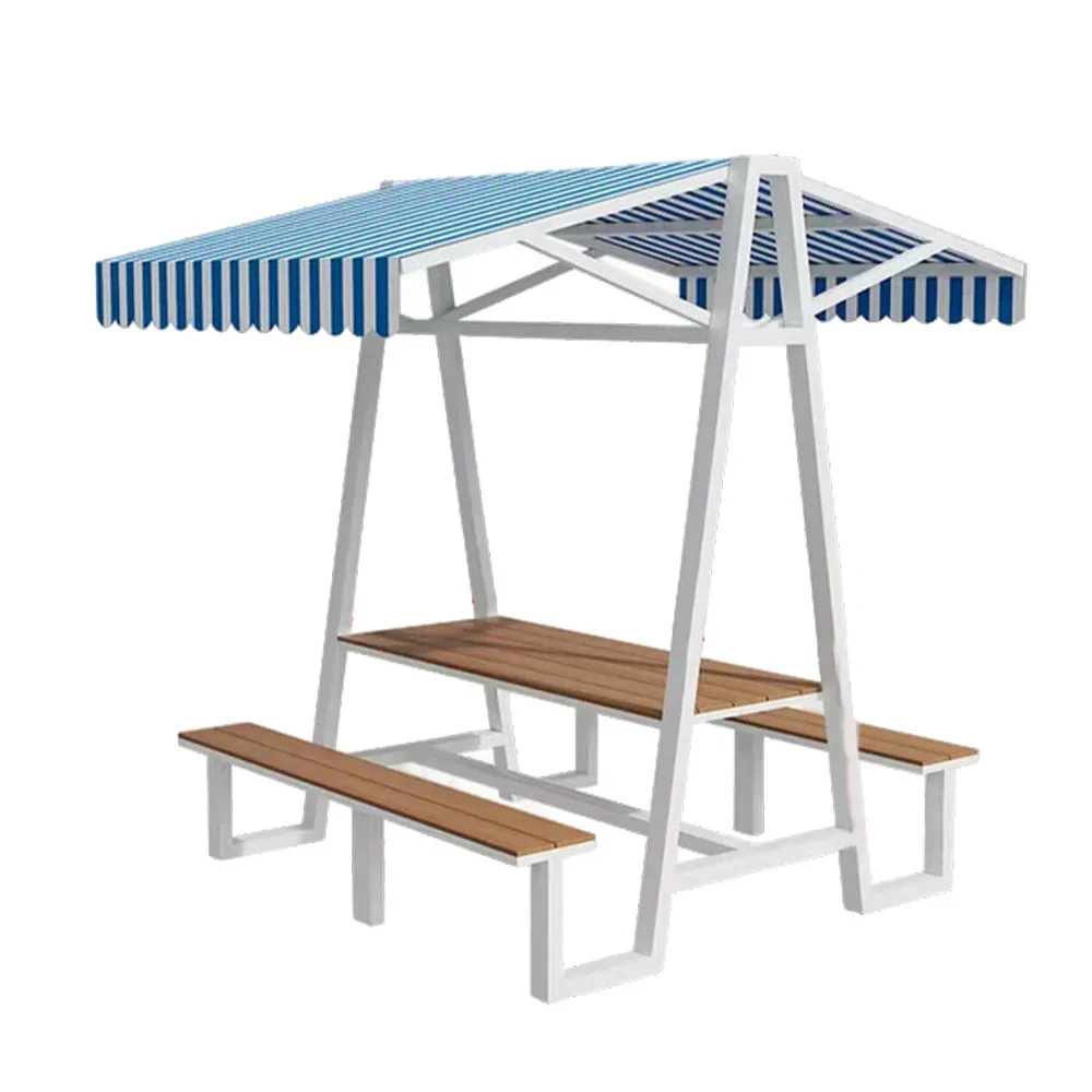 SOLARA Outdoor Canopy Table Set 120/160/200cm Waterproof Sunproof Thick Canopy Metal Frame High-Temp Coated Anti-Rust Stability - White&Blue - Image 11