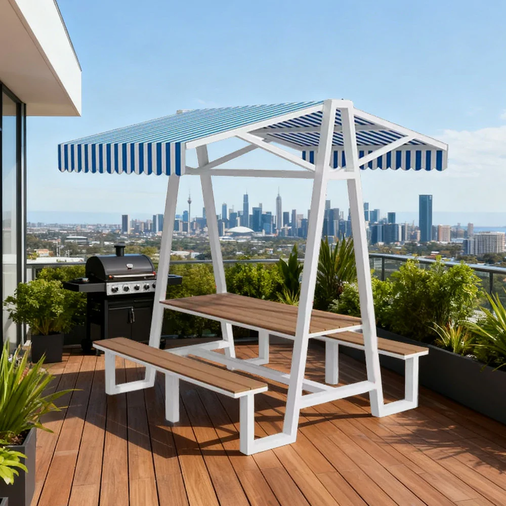 SOLARA Outdoor Canopy Table Set 120/160/200cm Waterproof Sunproof Thick Canopy Metal Frame High-Temp Coated Anti-Rust Stability - White&Blue - Image 12