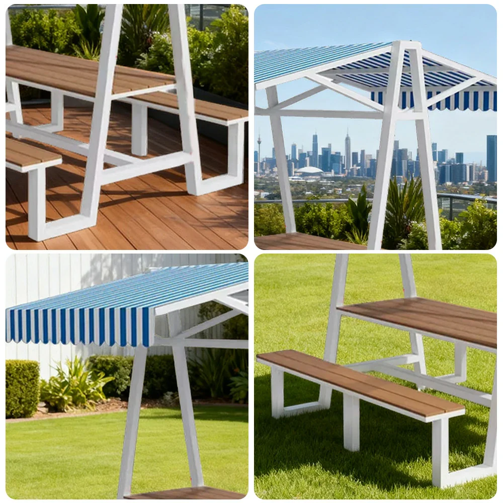 SOLARA Outdoor Canopy Table Set 120/160/200cm Waterproof Sunproof Thick Canopy Metal Frame High-Temp Coated Anti-Rust Stability - White&Blue - Image 13