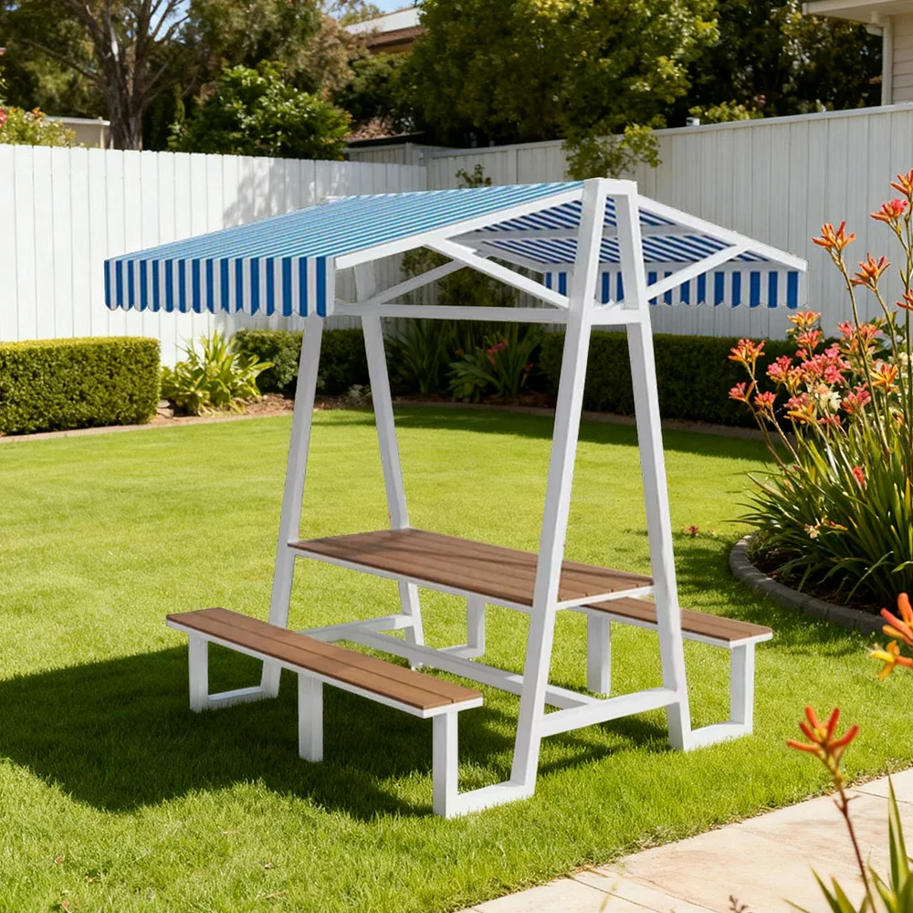SOLARA Outdoor Canopy Table Set 120/160/200cm Waterproof Sunproof Thick Canopy Metal Frame High-Temp Coated Anti-Rust Stability - White&Blue - Image 14