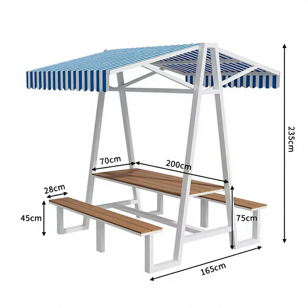 SOLARA Outdoor Canopy Table Set 120/160/200cm Waterproof Sunproof Thick Canopy Metal Frame High-Temp Coated Anti-Rust Stability - White&Blue - Image 15