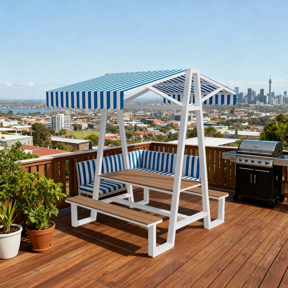 SOLARA Outdoor Canopy Table Set 120/160/200cm Waterproof Sunproof Thick Canopy Metal Frame High-Temp Coated Anti-Rust Stability - White&Blue - Image 2