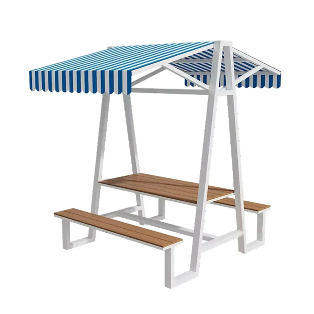 SOLARA Outdoor Canopy Table Set 120/160/200cm Waterproof Sunproof Thick Canopy Metal Frame High-Temp Coated Anti-Rust Stability - White&Blue - Image 6