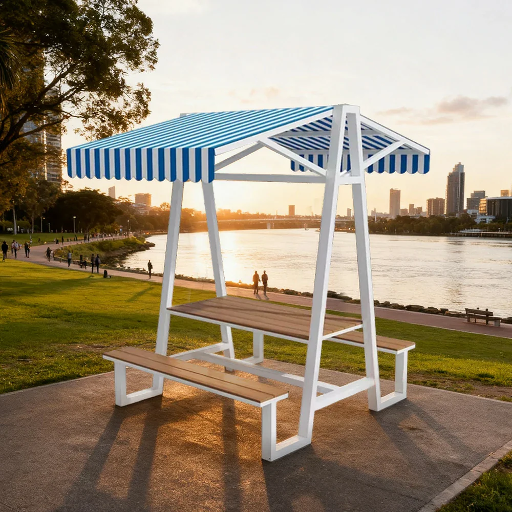 SOLARA Outdoor Canopy Table Set 120/160/200cm Waterproof Sunproof Thick Canopy Metal Frame High-Temp Coated Anti-Rust Stability - White&Blue - Image 7
