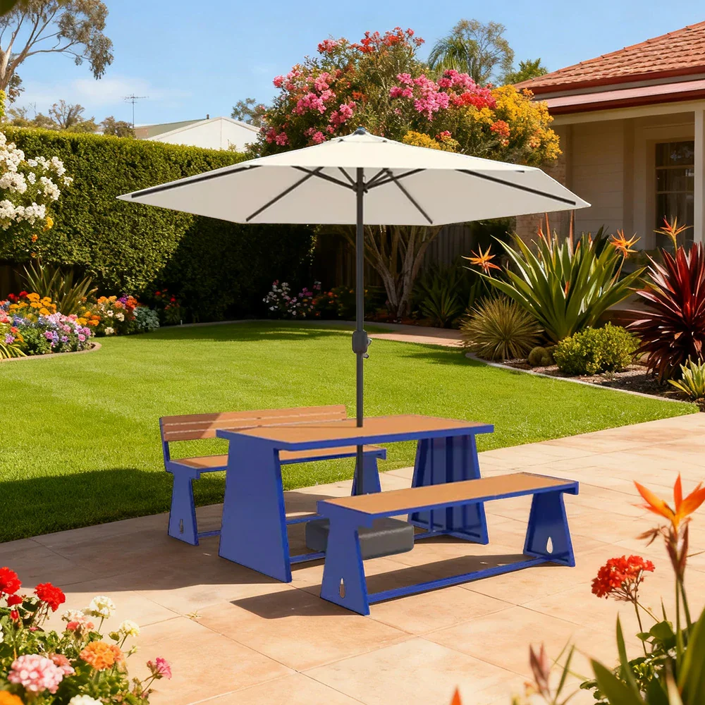 SOLARA Outdoor Table, Chair & Umbrella Set 120/140/160cm A-Frame Support Anti-Rust Iron Structure Smooth Painted Finish Stable Durable Design - Blue - Image 4