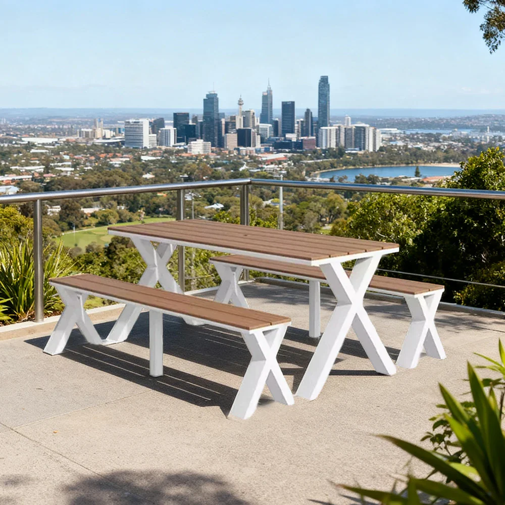 SOLARA Outdoor Table & Chair Set 120/160/200cm Sunproof Waterproof Surface High-Temp Coated Steel Frame Strong Support Anti-Corrosion Design - White - Image 14