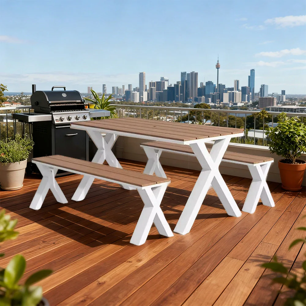 SOLARA Outdoor Table & Chair Set 120/160/200cm Sunproof Waterproof Surface High-Temp Coated Steel Frame Strong Support Anti-Corrosion Design - White - Image 4