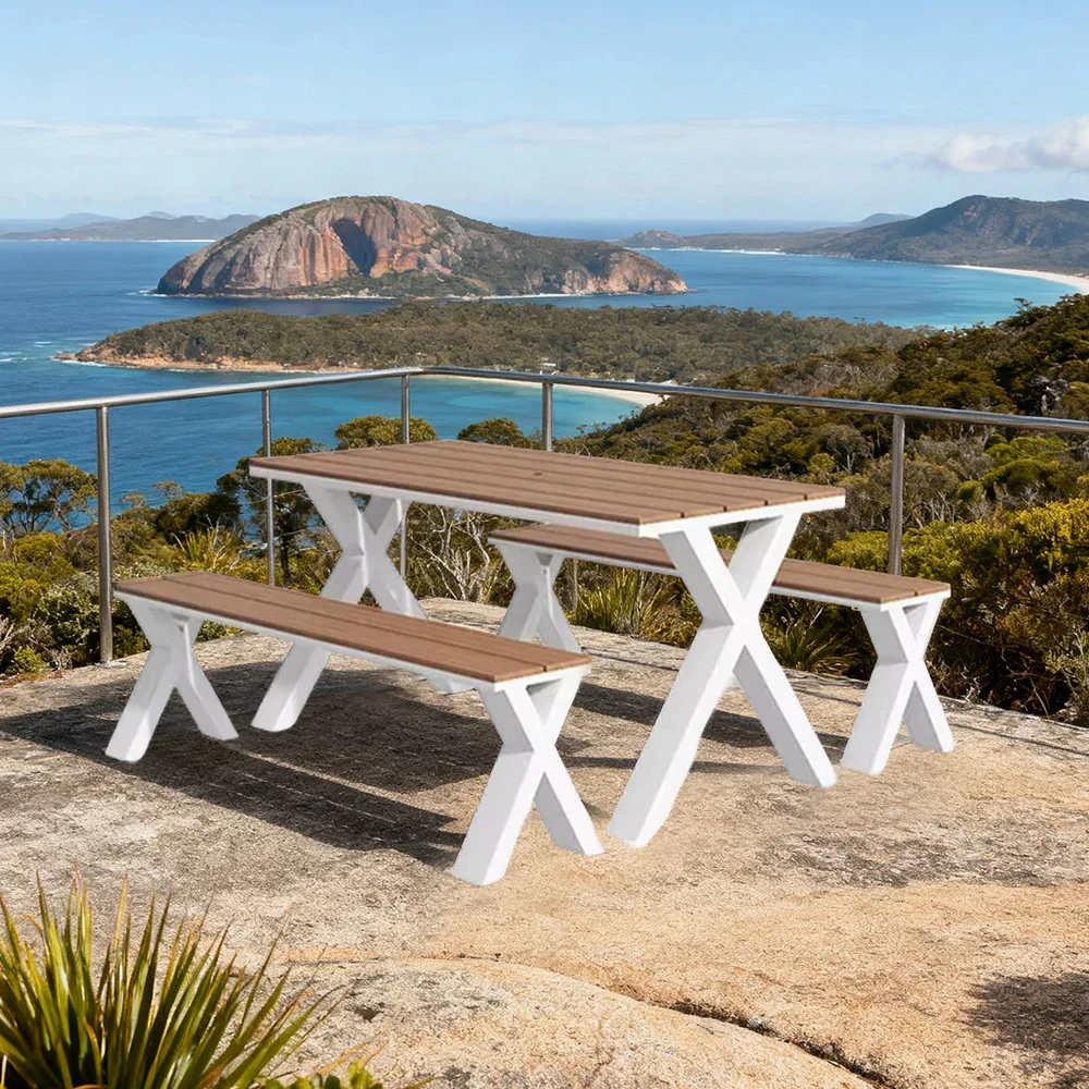 SOLARA Outdoor Table & Chair Set 120/160/200cm Sunproof Waterproof Surface High-Temp Coated Steel Frame Strong Support Anti-Corrosion Design - White - Image 7