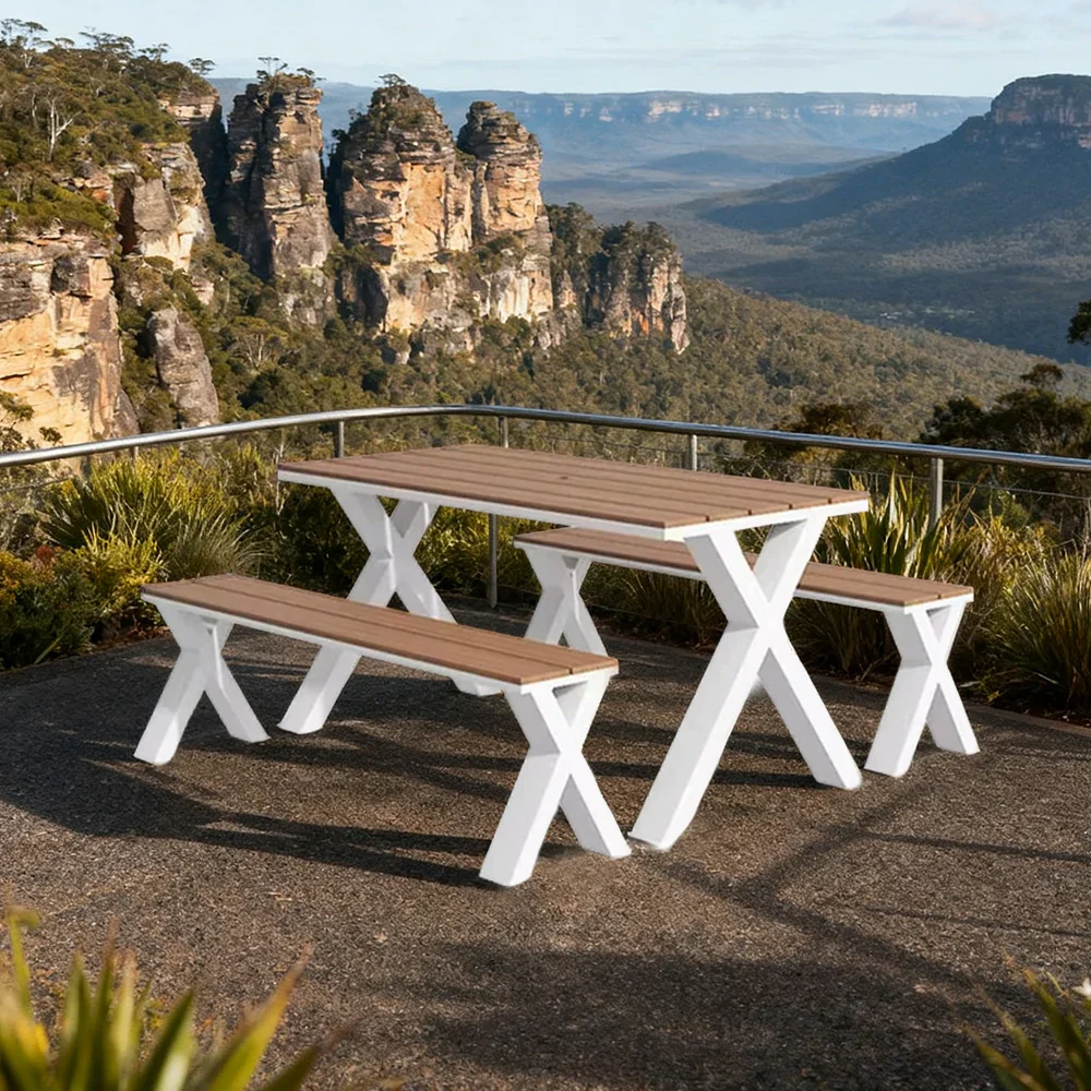 SOLARA Outdoor Table & Chair Set 120/160/200cm Sunproof Waterproof Surface High-Temp Coated Steel Frame Strong Support Anti-Corrosion Design - White - Image 9