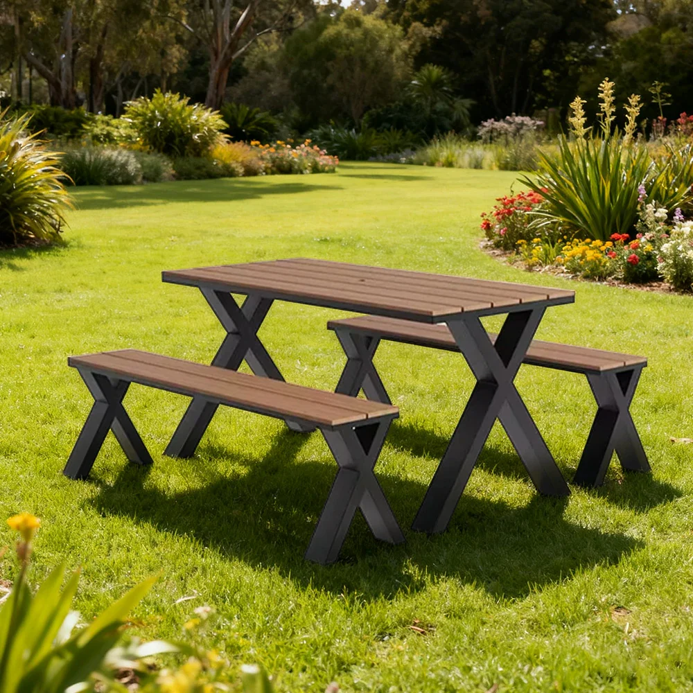SOLARA Outdoor Table & Chair Set 120/160/200cm Sunproof Waterproof Surface High-Temp Coated Steel Frame Strong Support Anti-Corrosion Design - Black - Image 2