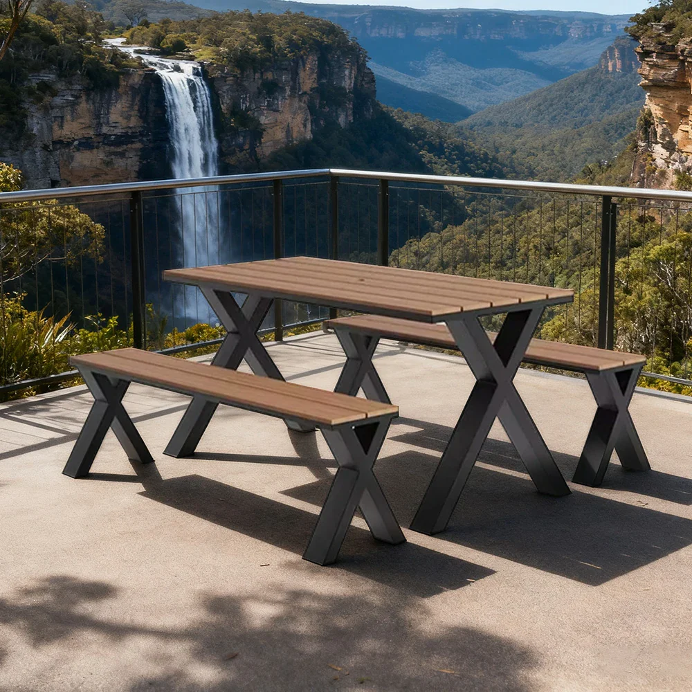SOLARA Outdoor Table & Chair Set 120/160/200cm Sunproof Waterproof Surface High-Temp Coated Steel Frame Strong Support Anti-Corrosion Design - Black - Image 4