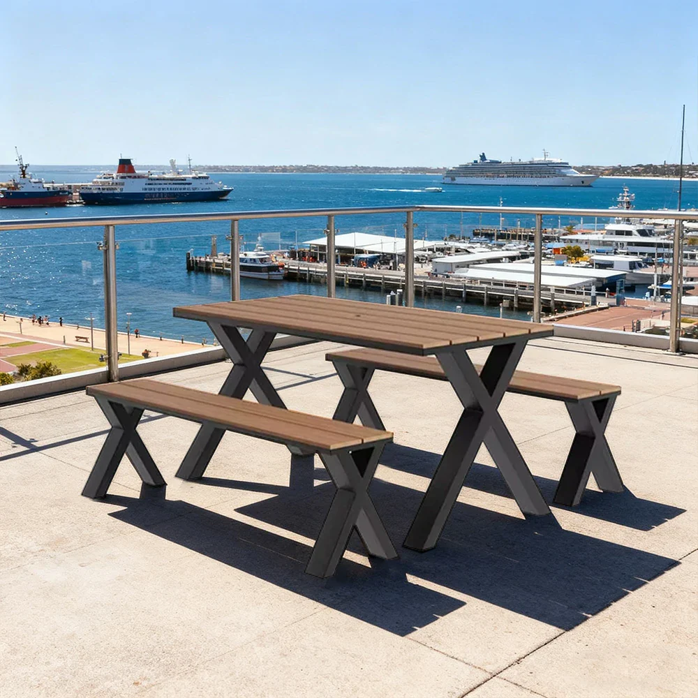 SOLARA Outdoor Table & Chair Set 120/160/200cm Sunproof Waterproof Surface High-Temp Coated Steel Frame Strong Support Anti-Corrosion Design - Black - Image 9