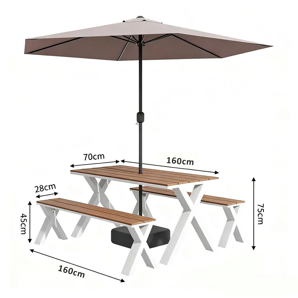 SOLARA Outdoor Table, Chair & Umbrella Set 120/160/200cm Sunproof Waterproof Surface High-Temp Coated Steel Frame Strong Support Anti-Corrosion Design - White - Image 10