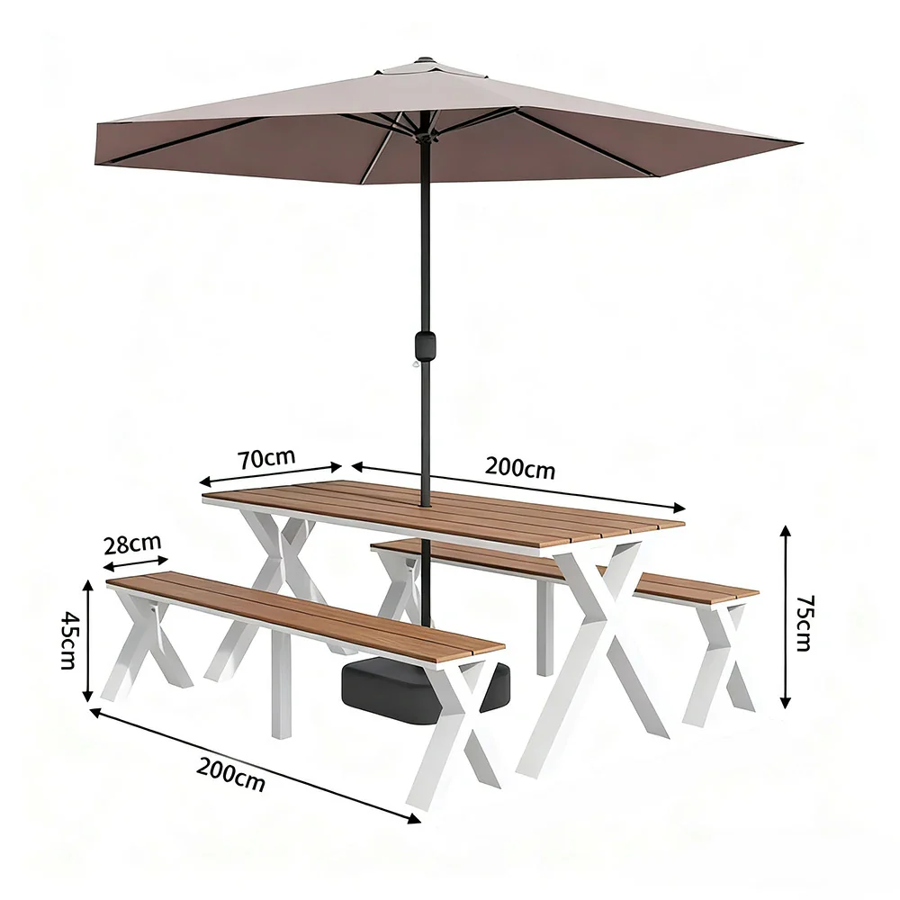 SOLARA Outdoor Table, Chair & Umbrella Set 120/160/200cm Sunproof Waterproof Surface High-Temp Coated Steel Frame Strong Support Anti-Corrosion Design - White - Image 15