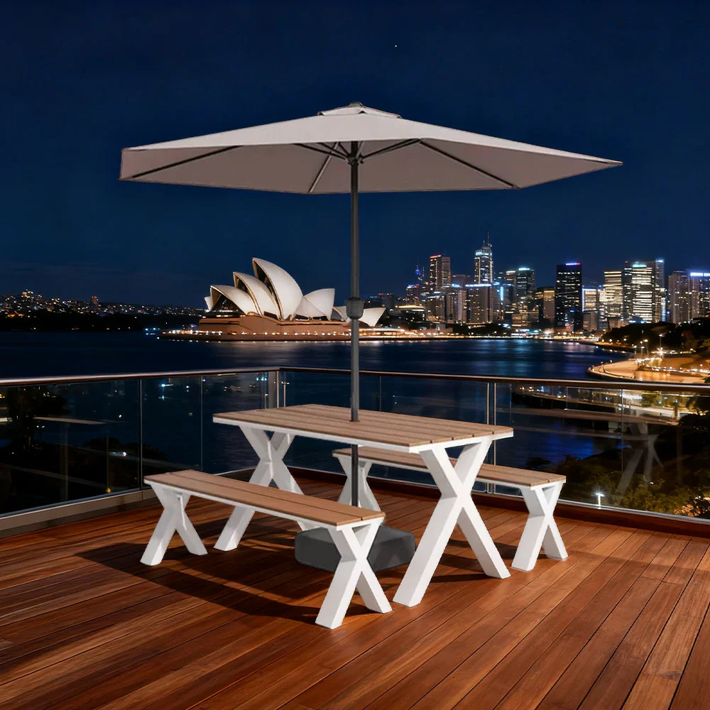 SOLARA Outdoor Table, Chair & Umbrella Set 120/160/200cm Sunproof Waterproof Surface High-Temp Coated Steel Frame Strong Support Anti-Corrosion Design - White - Image 2