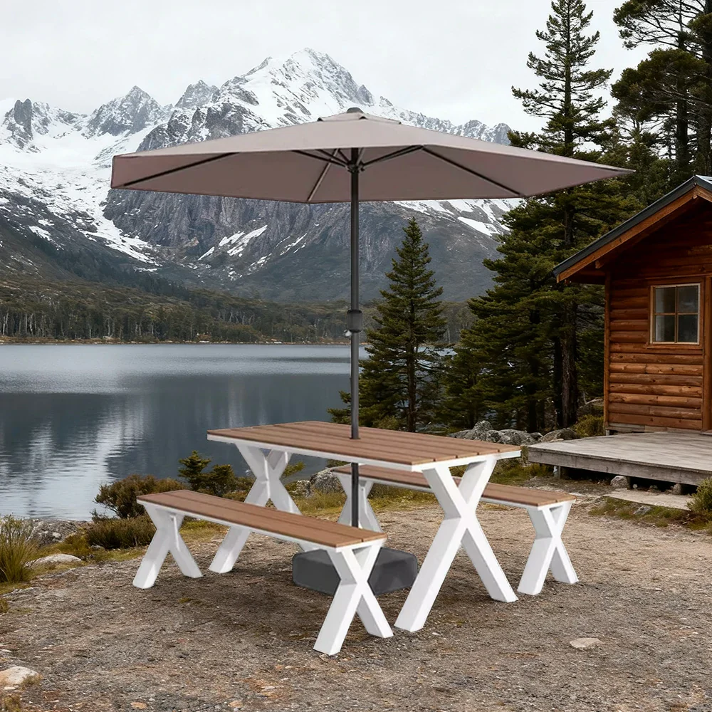 SOLARA Outdoor Table, Chair & Umbrella Set 120/160/200cm Sunproof Waterproof Surface High-Temp Coated Steel Frame Strong Support Anti-Corrosion Design - White - Image 4