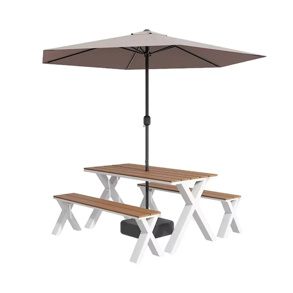 SOLARA Outdoor Table, Chair & Umbrella Set 120/160/200cm Sunproof Waterproof Surface High-Temp Coated Steel Frame Strong Support Anti-Corrosion Design - White - Image 6