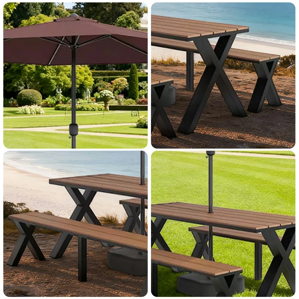 SOLARA Outdoor Table, Chair & Umbrella Set 120/160/200cm Sunproof Waterproof Surface High-Temp Coated Steel Frame Strong Support Anti-Corrosion Design - Black - Image 13
