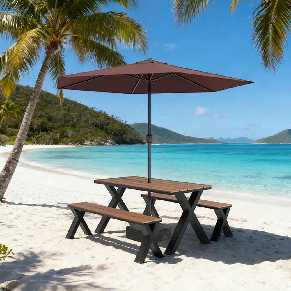 SOLARA Outdoor Table, Chair & Umbrella Set 120/160/200cm Sunproof Waterproof Surface High-Temp Coated Steel Frame Strong Support Anti-Corrosion Design - Black - Image 2