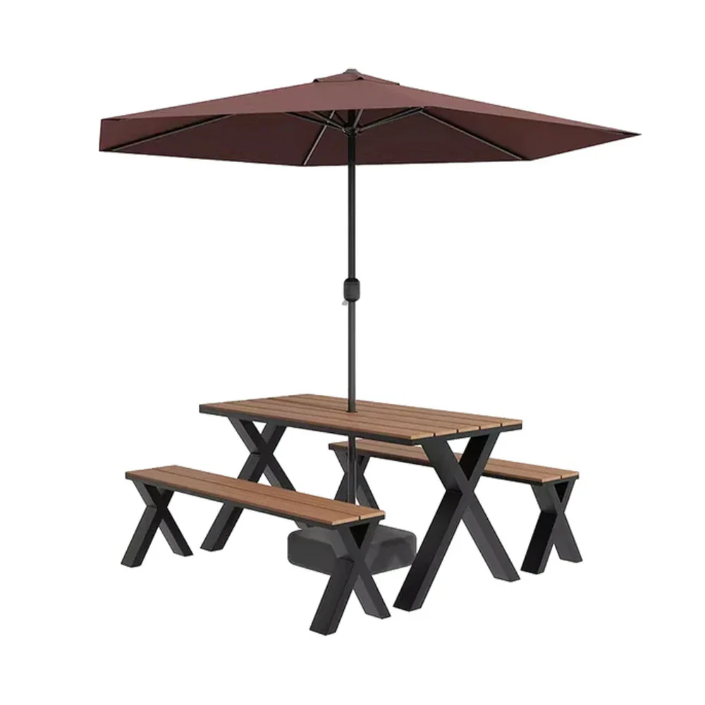 SOLARA Outdoor Table, Chair & Umbrella Set 120/160/200cm Sunproof Waterproof Surface High-Temp Coated Steel Frame Strong Support Anti-Corrosion Design - Black - Image 6