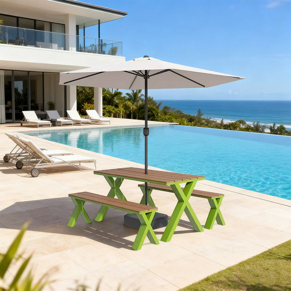 SOLARA Outdoor Table, Chair & Umbrella Set 120/160/200cm Sunproof Waterproof Surface High-Temp Coated Steel Frame Strong Support Anti-Corrosion Design - Green - Image 3