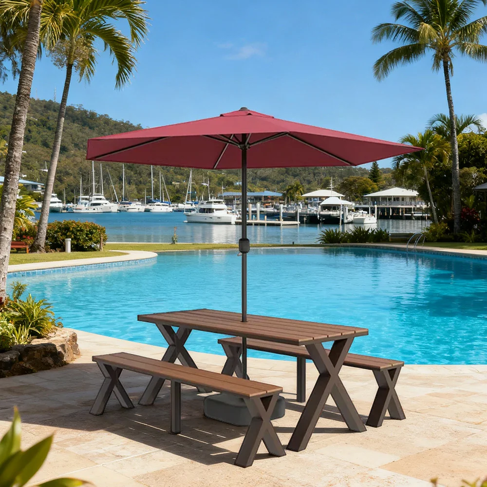 SOLARA Outdoor Table, Chair & Umbrella Set 120/160/200cm Sunproof Waterproof Surface High-Temp Coated Steel Frame Strong Support Anti-Corrosion Design - Brown - Image 14