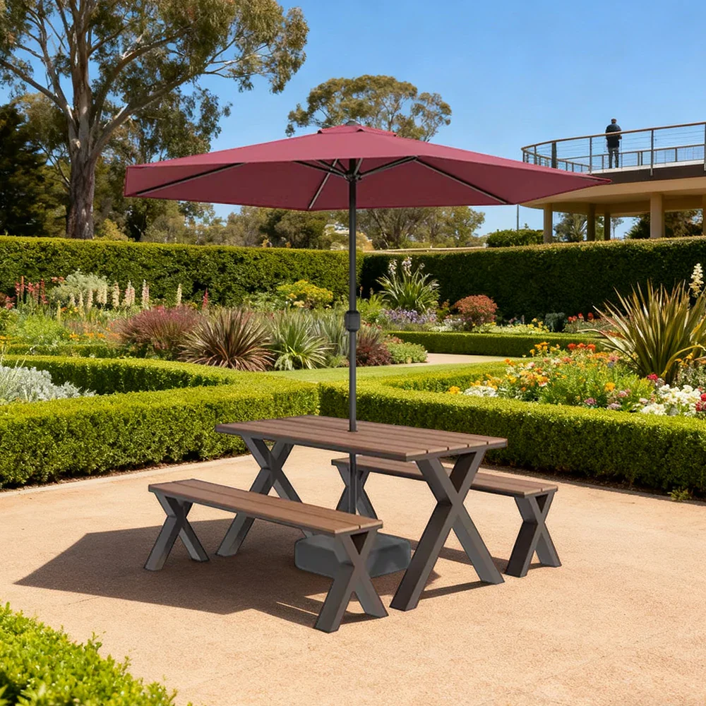 SOLARA Outdoor Table, Chair & Umbrella Set 120/160/200cm Sunproof Waterproof Surface High-Temp Coated Steel Frame Strong Support Anti-Corrosion Design - Brown - Image 2