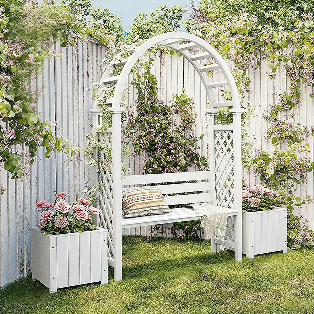 SOLARA Arch Garden Seat with 2 Planter Boxes - Finnish Solid Wood Outdoor Patio Furniture - White - Image 2
