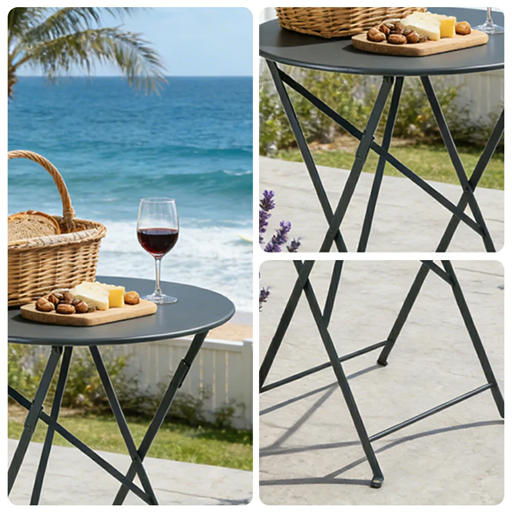 SOLARA Foldable Bistro Table Space-Saving Design Steel Frame with Rust-Resistant Coating French Balcony Style - Grey - Image 3
