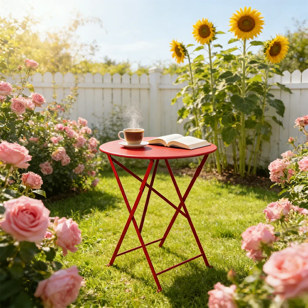 SOLARA Foldable Bistro Table Space-Saving Design Steel Frame with Rust-Resistant Coating French Balcony Style - Red - Image 2