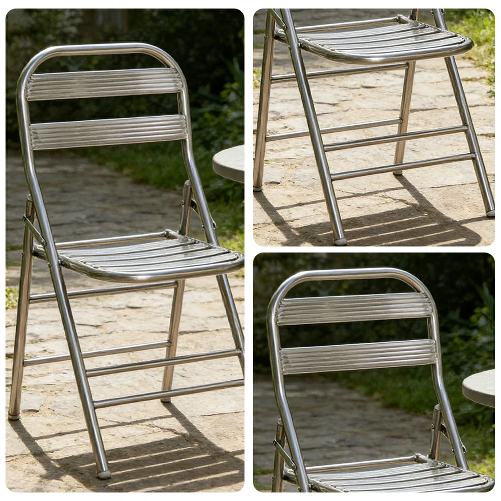SOLARA Foldable Stainless Steel Chair 304 Anti-Rust Heavy Duty Space Saving Portable Seating for Home Kitchen Balcony - Silver - Image 3